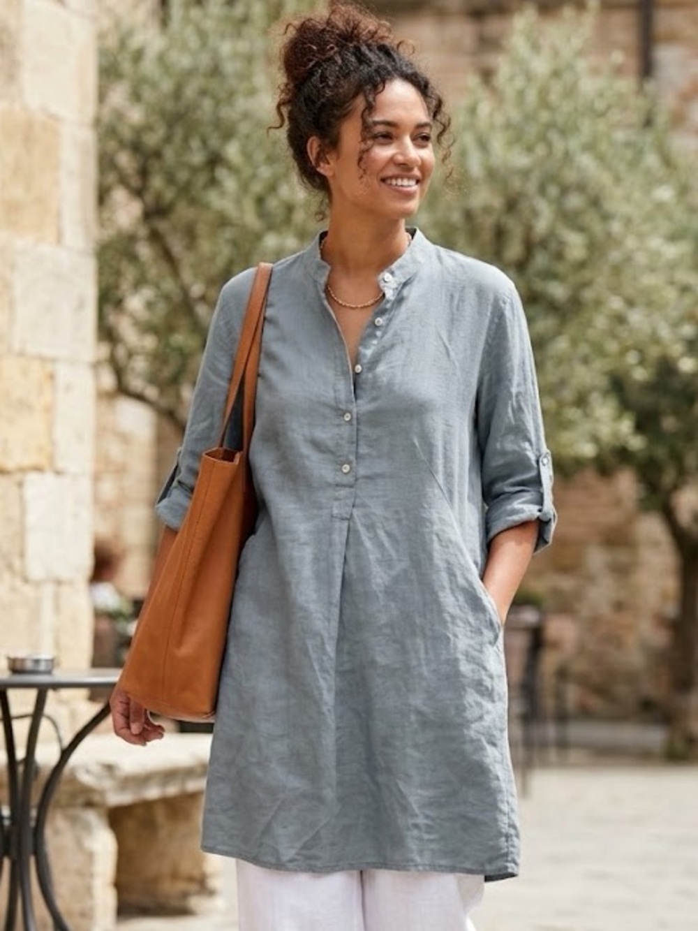 Elena Baldi Italy 100% Linen Shirt Dress Grey Blue Roll Tab Pocket Popover M
